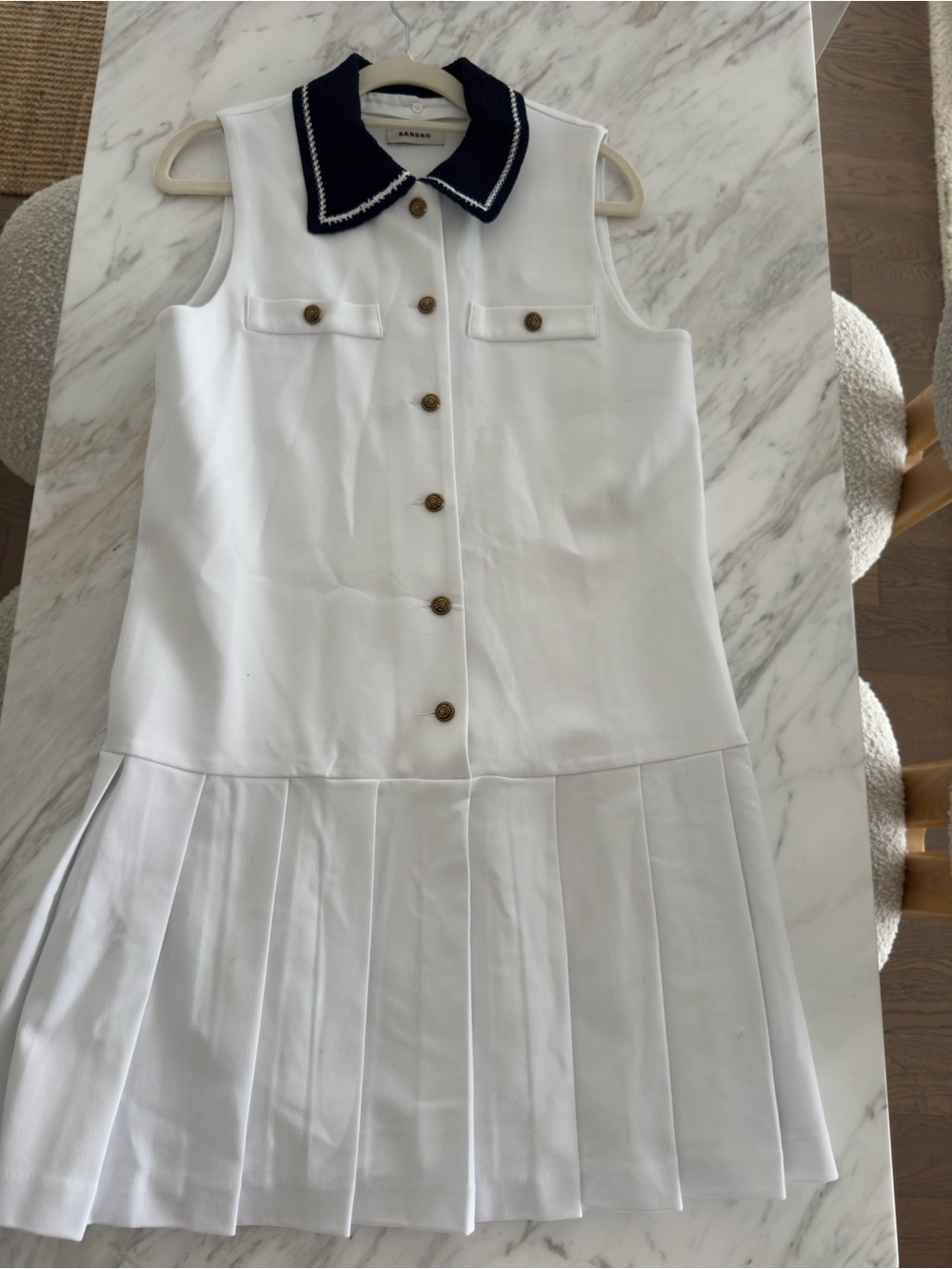 Sandro White Sleeveless Pleated Dress with Navy Contrast Collar